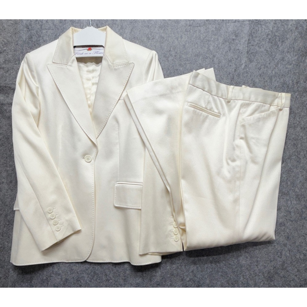 Anne Klein Collection Suit Cream Ivory Blazer Wide Leg Pants Set Size 8 Career